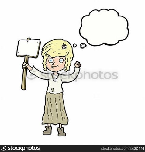 cartoon hippie girl with protest sign with thought bubble