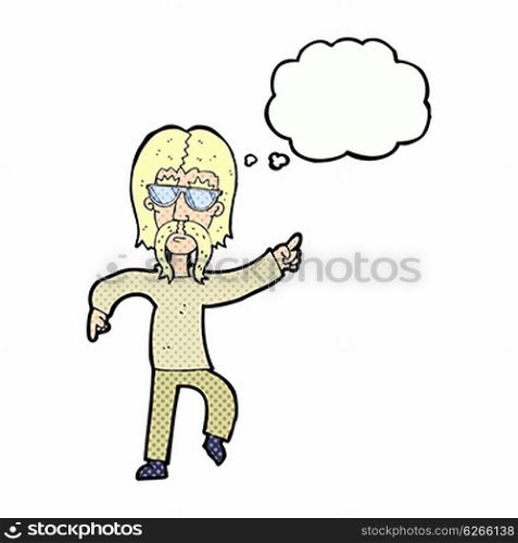 cartoon hippie man wearing glasses with thought bubble