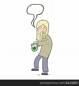 cartoon hippie man with bag of weed with speech bubble