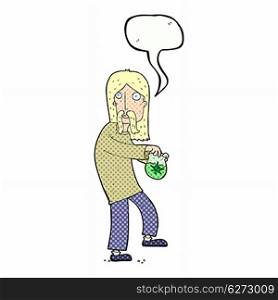cartoon hippie man with bag of weed with speech bubble