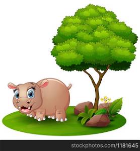 Cartoon hippo under a tree on a white background