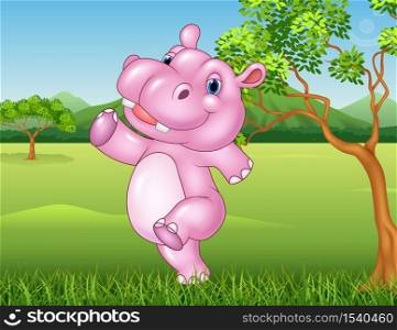 Cartoon hippo walking and happy in the jungle