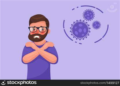 Cartoon hipster bearded young man with coronavirus chills symptom. Flat style character vector illustration