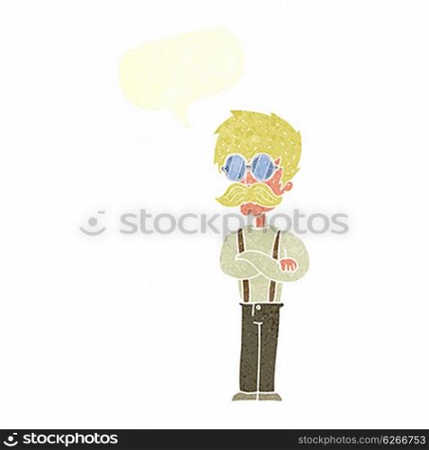 cartoon hipster man with mustache and spectacles with speech bubble