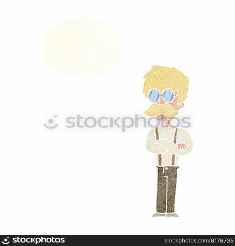 cartoon hipster man with mustache and spectacles with thought bubble