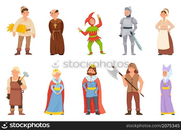 Cartoon historical medieval characters, king and queen, princess. Middle age knight, blacksmith, peasant, jester character vector set. Woman and man in old fairy tale or legend clothes. Cartoon historical medieval characters, king and queen, princess. Middle age knight, blacksmith, peasant, jester character vector set