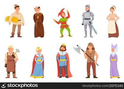 Cartoon historical medieval characters, king and queen, princess. Middle age knight, blacksmith, peasant, jester character vector set. Woman and man in old fairy tale or legend clothes. Cartoon historical medieval characters, king and queen, princess. Middle age knight, blacksmith, peasant, jester character vector set