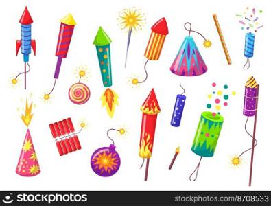 Cartoon holiday pyrotechnics. Festive petards, pyrotechnic fireworks rockets and firecrackers. Holiday decorative bombs vector set. Colorful festive exploding elements for celebration. Cartoon holiday pyrotechnics. Festive petards, pyrotechnic fireworks rockets and firecrackers. Holiday decorative bombs vector set