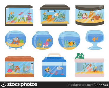 Cartoon home aquariums with fishes, corals, plants and decor. Aquarium tank with underwater pets and seaweeds. Glass fish bowls vector set. Castle, amphora, ship and stone decoration. Cartoon home aquariums with fishes, corals, plants and decor. Aquarium tank with underwater pets and seaweeds. Glass fish bowls vector set