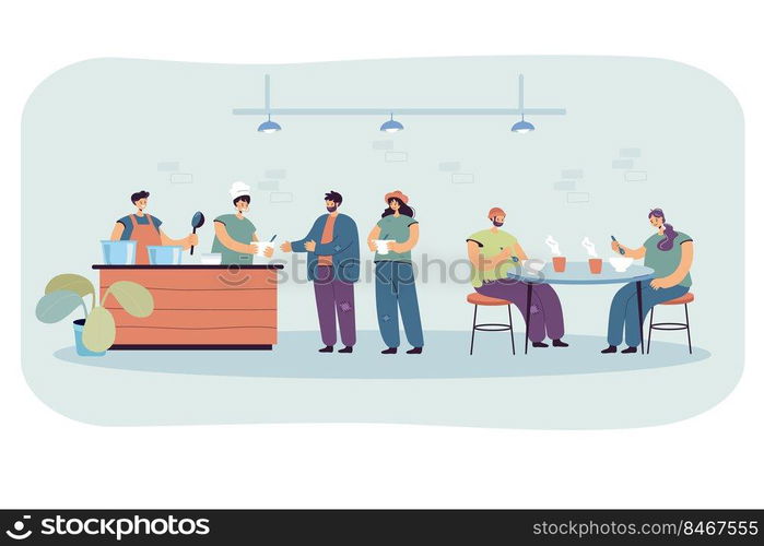 Cartoon homeless people eating food at refectory. Volunteers helping refugees in shelter at night flat vector illustration. Charity, poverty concept for banner, website design or landing web page