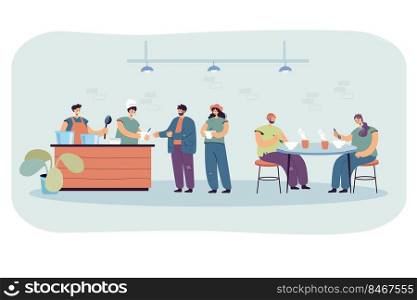 Cartoon homeless people eating food at refectory. Volunteers helping refugees in shelter at night flat vector illustration. Charity, poverty concept for banner, website design or landing web page