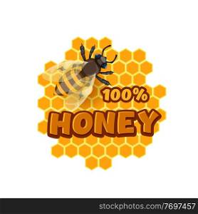 Cartoon honey and bee icon, apiary beekeeping production vector emblem with bee and honeycombs. Natural sweet food, organic nectar extraction, apiculture farm label isolated on white background. Cartoon honey and bee icon, apiary beekeeping