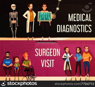Cartoon horizontal banners set with people consulting orthopedist and surgeon isolated vector illustration. Orthopedist Banners Set