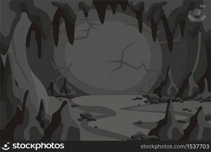 Cartoon horror cave tunnel landscape vector graphic illustration. Darkness mountain scene with stone background. Dangerous rock in dark. Mysterious natural cliff formation. Cartoon horror cave tunnel landscape vector graphic illustration