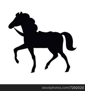 Cartoon horse black silhouette vector illustration isolated on white background. Pony with bushy tail, saddle and horseshoes raises one leg. Cartoon Horse Vector Illustration Isolated White