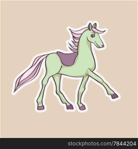 Cartoon horse sticker, hand drawn doodle illustration of a happy baby animal on a colored background