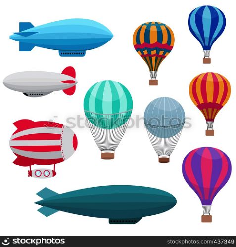 Cartoon hot air balloons vector set. Colored air balloon with basket for travel and transportation flight. Cartoon hot air balloons vector set