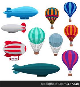 Cartoon hot air balloons vector set. Colored air balloon with basket for travel and transportation flight. Cartoon hot air balloons vector set
