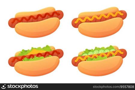 Cartoon Hot dog set. Bun with sausage and ketchup and mustard sause, garnish such as cheese, lettuce. Street food, unhealthy junk food concept. Stock vector illustration isolated on white in flat cartoon style. Cartoon Hot dog set. Bun,sausag, ketchup, mustard sause, garnish such as cheese, lettuce. Street food, unhealthy junk food concept. Stock vector illustration isolated on white in flat cartoon style.