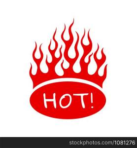 Cartoon hot food flames emblem. Vector illustration with red fire flame on oval sign HOT isolated on white background. Blazing bonfire for tribal tattoo, flammable decals or spicy restaurant menu. Burning red fire flame on oval sign hot for menu