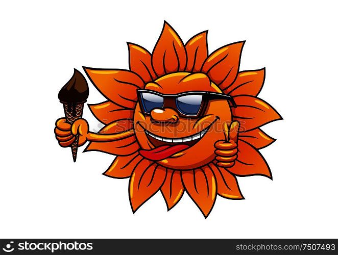Cartoon hot happy sun character in sunglasses with chocolate ice cream. Cartoon hot sun with chocolate ice cream