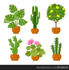 Cartoon house botanical decor potted plants. Different houseplants with green leaves, pink flowers and lemon citrus. Green cactus with thorns for scandinavian home interior isolated vector set. Cartoon house botanical decor potted plants. Different houseplants with green leaves, pink flowers and lemon citrus