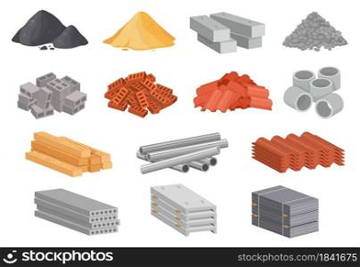 Cartoon house building materials, industrial construction supplies. Beton, cement, concrete, sand, bricks, planks, metal pipes vector set. Isolated stacks of gypsum blocks, roof elements. Cartoon house building materials, industrial construction supplies. Beton, cement, concrete, sand, bricks, planks, metal pipes vector set