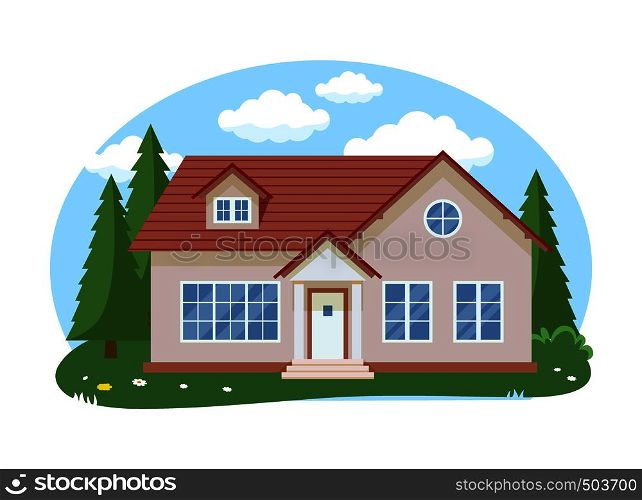 Cartoon house exterior with blue clouded sky Front Home Architecture Concept Flat Design Style. Vector illustration of Facade Building.. Cartoon house exterior with blue clouded sky Front Home Architecture Concept Flat Design Style. Vector illustration of Facade Building