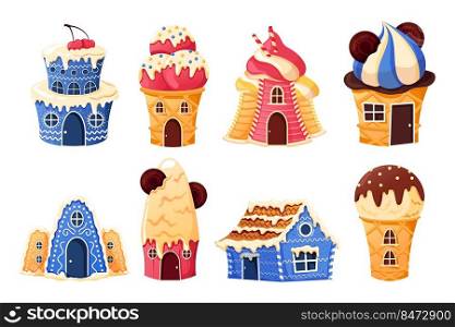 Cartoon house. Fantasy sweet colorful of candies and cookies. Vector gingerbread and cake house set confectionery chocolate desserts. Cartoon house. Fantasy sweet colorful of candies and cookies. Vector gingerbread and cake house set