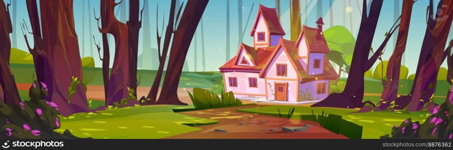 Cartoon house in summer forest. Vector illustration of wood road leading to cozy cottage with red roof on sunlit glade surrounded by tall trees, blooming bushes and green grass. Game background design. Cartoon house in summer forest