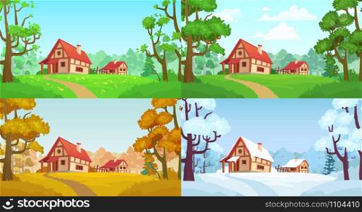Cartoon house in woods. Forest village four seasons landscapes. Spring, summer, autumn and winter trees. Forests house landscape, rural home or wood village cottage vector illustration. Cartoon house in woods. Forest village four seasons landscapes. Spring, summer, autumn and winter trees vector illustration