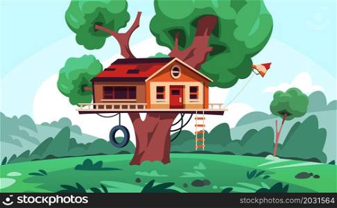 Cartoon house on tree. Summer background with cute and cozy kids playground. Wooden shed with door windows roof and ladder. Building on branches. Nature landscape. Vector children home illustration. Cartoon house on tree. Summer background with cozy kids playground. Shed with door windows roof and ladder. Building on branches. Nature landscape. Vector children home illustration