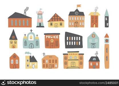 Cartoon houses in different shapes and colors. Can be used for kids room decoration, map creator, games, and t-shirt applications. Vector hand-drawn illustration.
