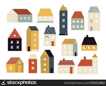 Cartoon houses. Various small cute houses, simple home facade with doors and windows, building exterior, cottage village colored vector set. Architecture building colorful, house facade illustration. Cartoon houses. Various small cute houses, simple home facade with doors and windows, building exterior, cottage village colored vector set