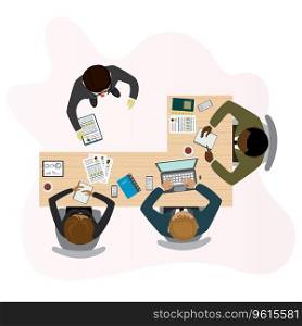 Cartoon HR specialists sitting at the table. Interview with job candidate. Male holding cv resume. Recruitment concept, office teamwork. Top view workplace,business process. Flat vector illustration