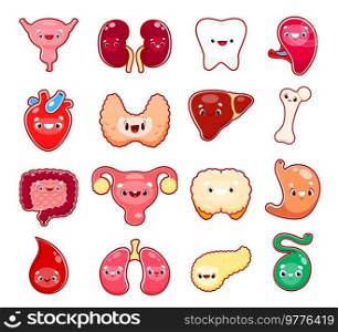 Cartoon human body organ characters, vector funny body parts anatomy. Brain, kidney and heart with tooth and bone, kids emoji smiles and cartoon emoticons of body organs, intestine, pancreas and liver. Cartoon human body organ characters, funny faces