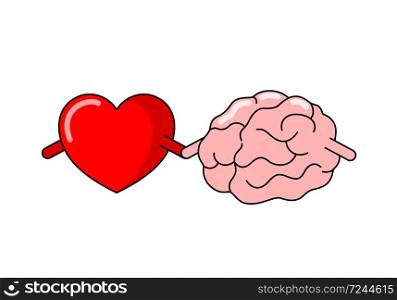 Cartoon human brain with red heart. Internal organs. Brain and heart concept. emotions and rational thinking. Vector illustration isolated on white background.