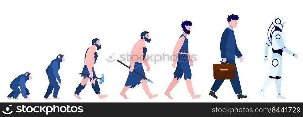 Cartoon human evolution isolated flat vector illustration. Man from monkey and caveman to cyborg or robot. Reality, history and anthropology concept