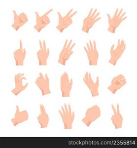 Cartoon human female or male hands poses and gestures. Hand holding, pointing, fist, peace and open palm expression. Arm position vector set. Body language symbols, counting numbers. Cartoon human female or male hands poses and gestures. Hand holding, pointing, fist, peace and open palm expression. Arm position vector set