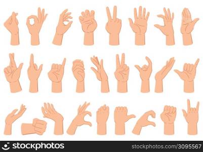 Cartoon human hand expression gestures, counting fingers and thumb up. Hand gestures, human arm palm gesture communication vector illustration set. Human hand gestures different. Cartoon human hand expression gestures, counting fingers and thumb up. Hand gestures, human arm palm gesture communication vector illustration set. Human hand gestures