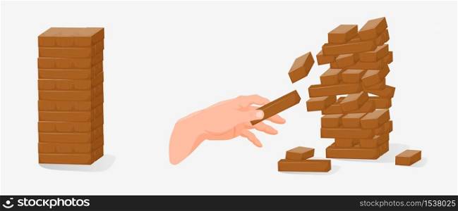 Cartoon human hand holding block game wood isolated on white background. Colored arm pull brick out of crumbling stack playing table game vector graphic illustration. Cartoon human hand holding block game wood isolated on white background