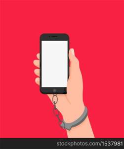 Cartoon human hand in handcuffs hold smartphone with white empty screen isolated on red. Person arm in manacle with telephone vector illustration. Concept of internet and mobile phone addiction. Cartoon human hand in handcuffs hold smartphone with white empty screen isolated on red