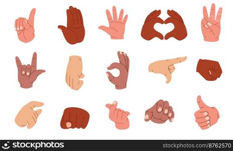 Cartoon human hands. Gestures with pointing fingers clenched fists okay sign handshake forefinger touch, body language expression. Vector flat set. Showing thumb up, okay and rock symbol. Cartoon human hands. Gestures with pointing fingers clenched fists okay sign handshake forefinger touch, body language expression. Vector flat set