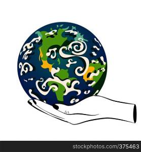 Cartoon human hands holding Earth planet, eco themed design.
