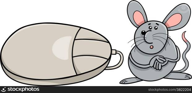 Cartoon Humor Illustration of Funny Mouse Rodent and Computer Mouse