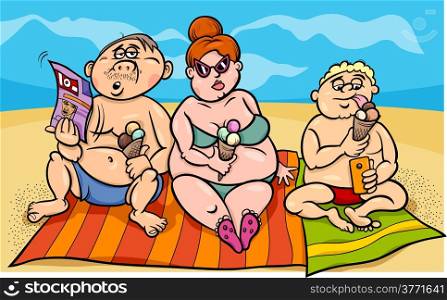 Cartoon Humor Illustration of Overweight Family on the Beach