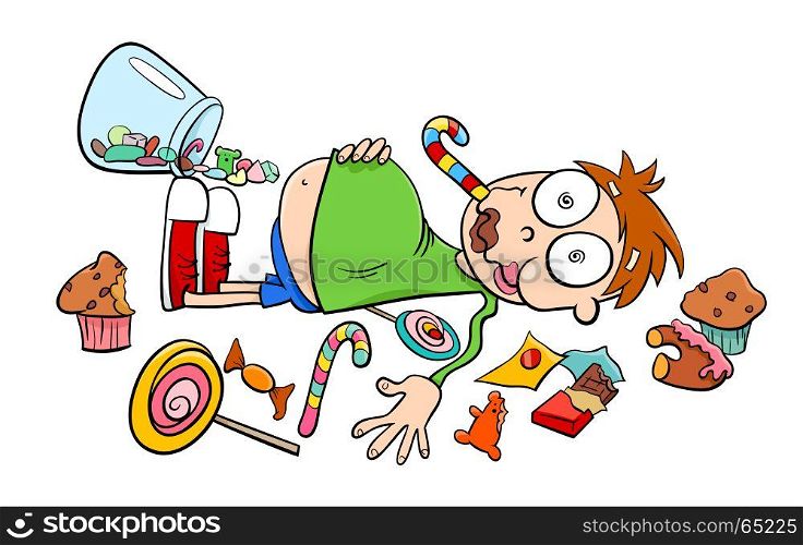 Cartoon Humorous Concept Illustration of Like a Kid in a Candy Store Saying or Proverb