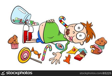 Cartoon Humorous Concept Illustration of Like a Kid in a Candy Store Saying or Proverb