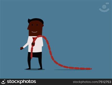 Cartoon hungry african american businessman carrying sausages over the shoulder, for business lunch concept design. Hungry manager with sausages over shoulder