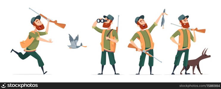 Cartoon hunters. Vector hunter with dog, guns, binoculars, duck isolated on white background. Hunter run to duck, cartoon bird and shotgun illustration. Cartoon hunters. Vector hunter with dog, guns, binoculars, duck isolated on white background